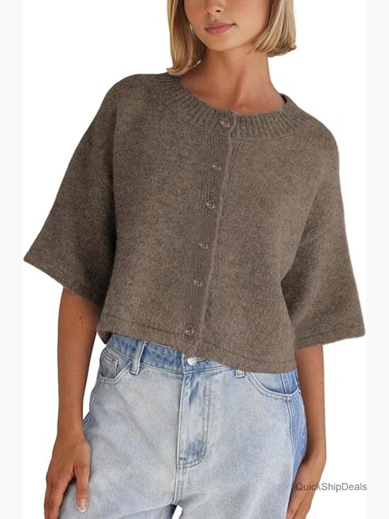 Sweaters - Lightweight Cropped Cardigan Sweater Button Up Knitwear Women 3/4 Sleeve